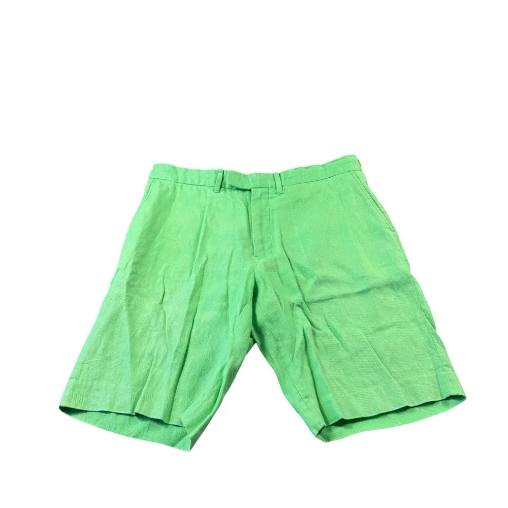 Polo Ralph Lauren VTG Green Side Tab Pure Linen Pleated Men's Short Size 34 Mint